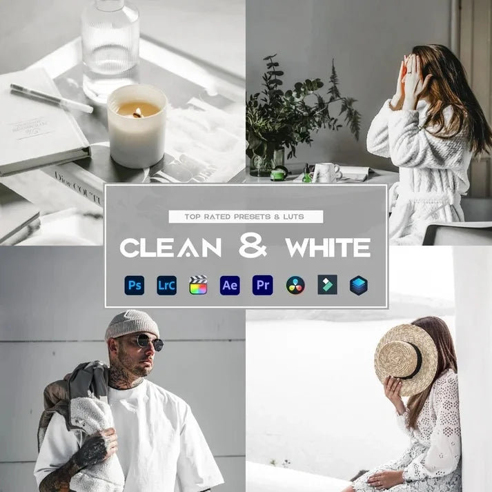 Clean & White Preset & LUTs Collection – Bright Minimal Aesthetic